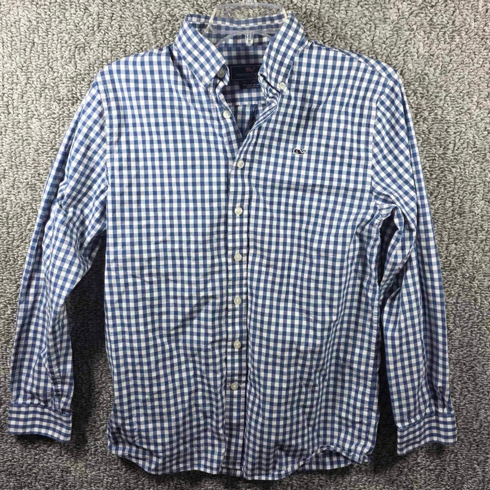 Vineyard Vines Whale Shirt‎ Blue Gingham Button Down Mens Large (16)